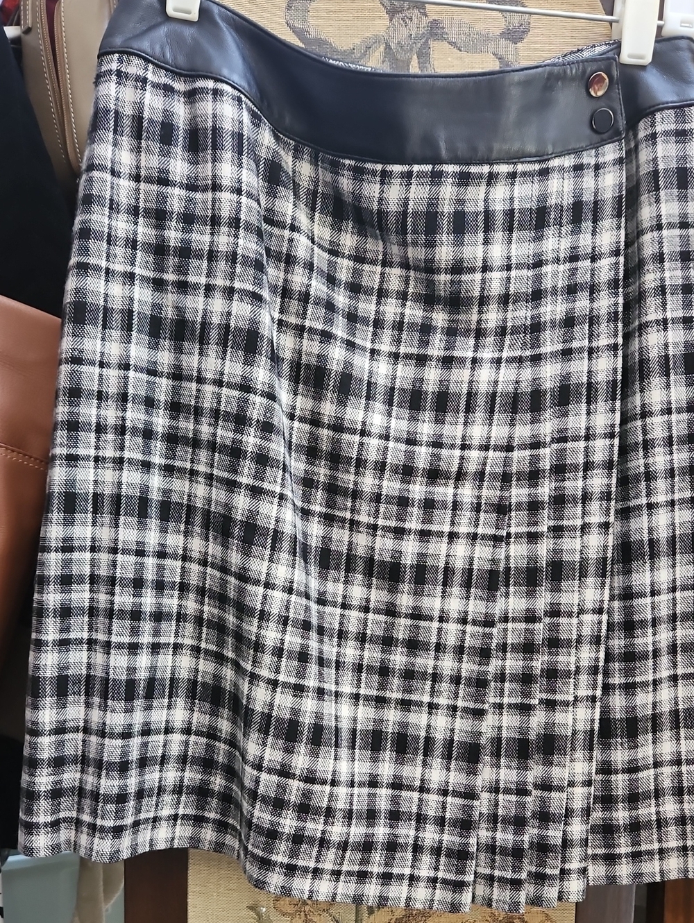 Anne Klein Black and White Plaid A-Line Skirt with Faux Leather Waistband